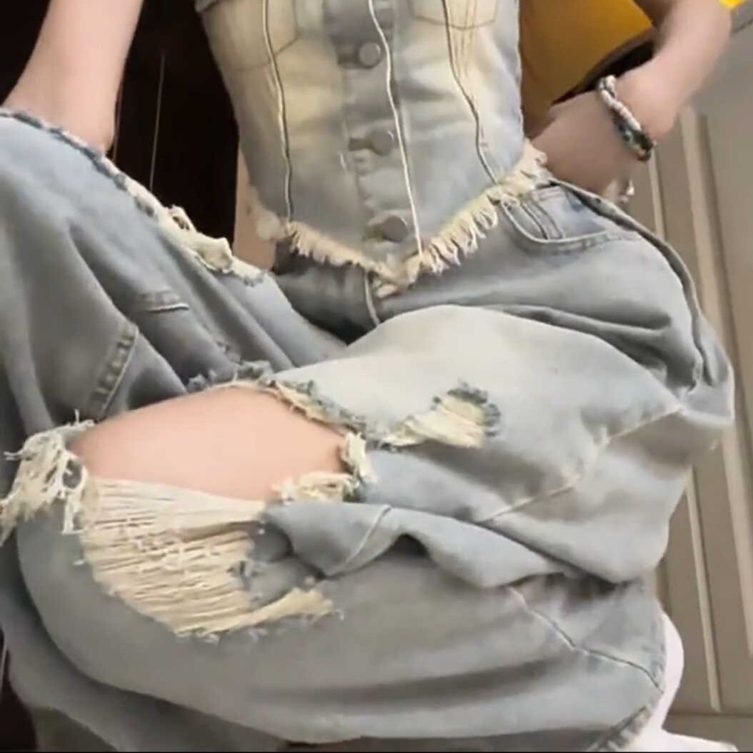 デニムセットアップ ダメージ加工ビスチェワイドデニム