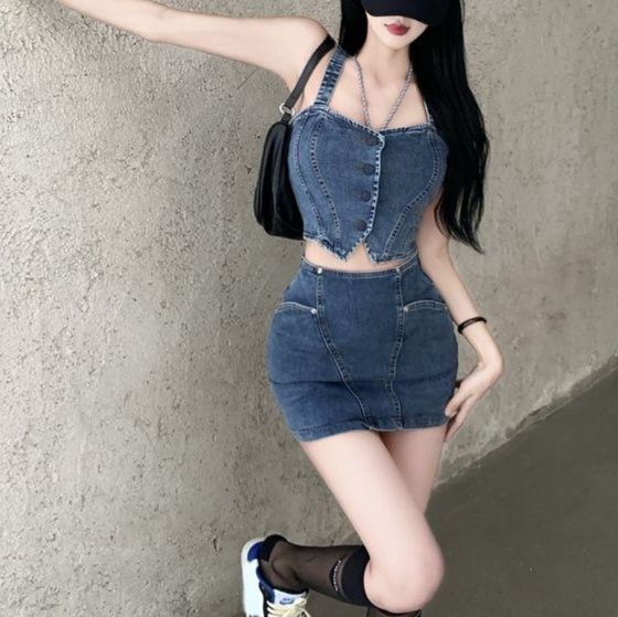 デニムセットアップ 美シルエット ビスチェミニセット