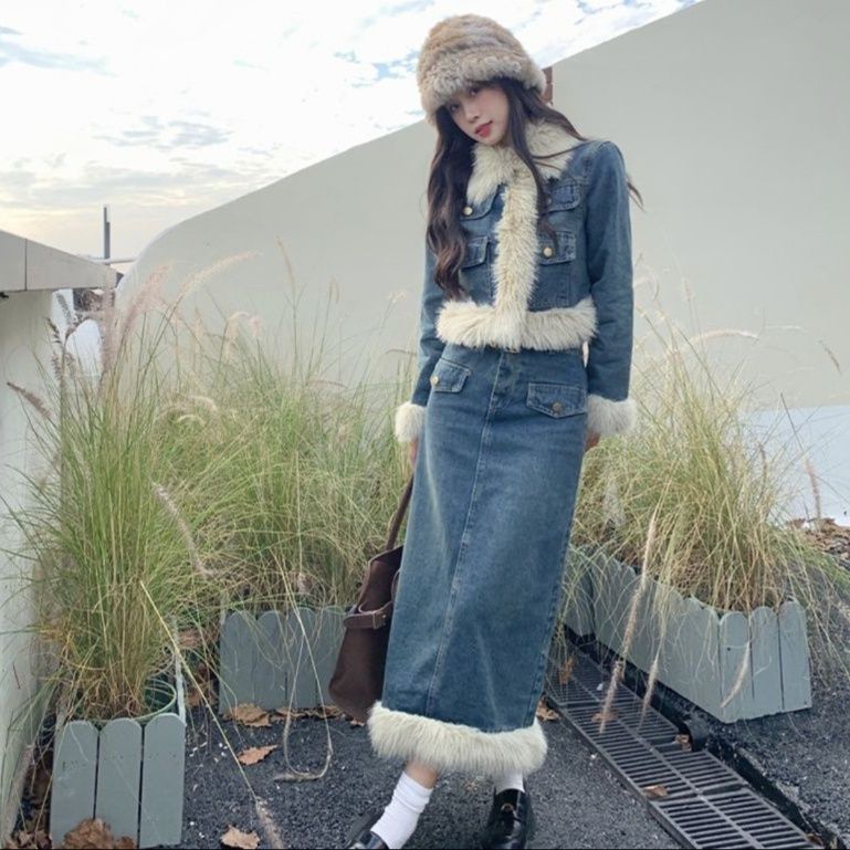 デニムセットアップ もこもこファー付きデニムセット