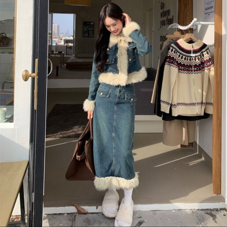 デニムセットアップ もこもこファー付きデニムセット