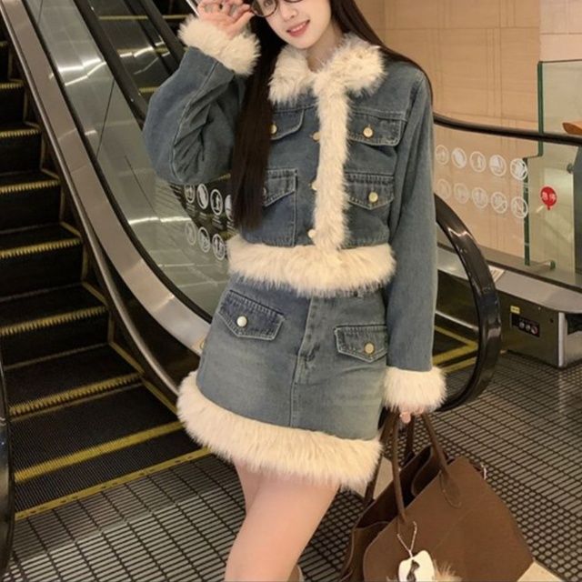 デニムセットアップ もこもこファー付きデニムセット