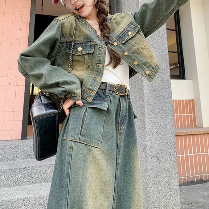 デニムセットアップ ショート丈ジャケットロングスカート