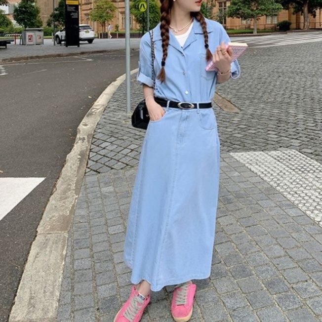 デニムセットアップ ゆったりシルエット折り返し袖シャツスカートセット