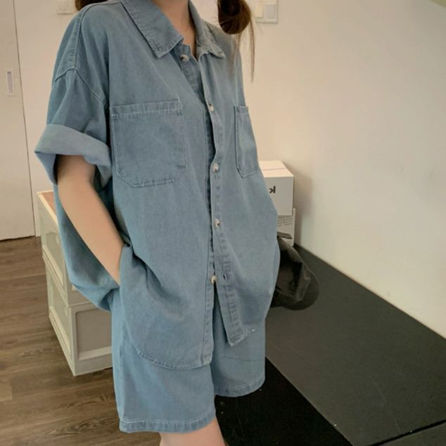 デニムセットアップ ゆったり短袖デニムセットアップ