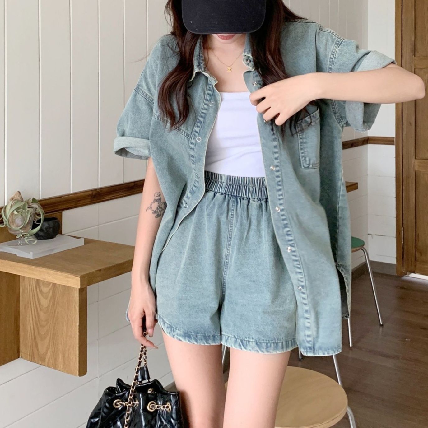 デニムセットアップ ゆったりデニム半袖シャツセット