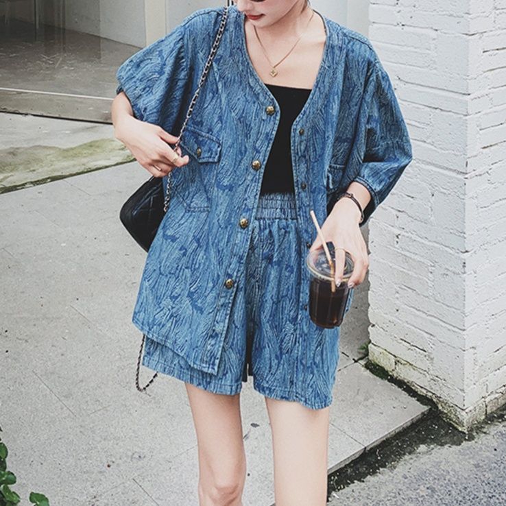 デニムセットアップ ゆったり五分袖ジージャン ショートパンツセット