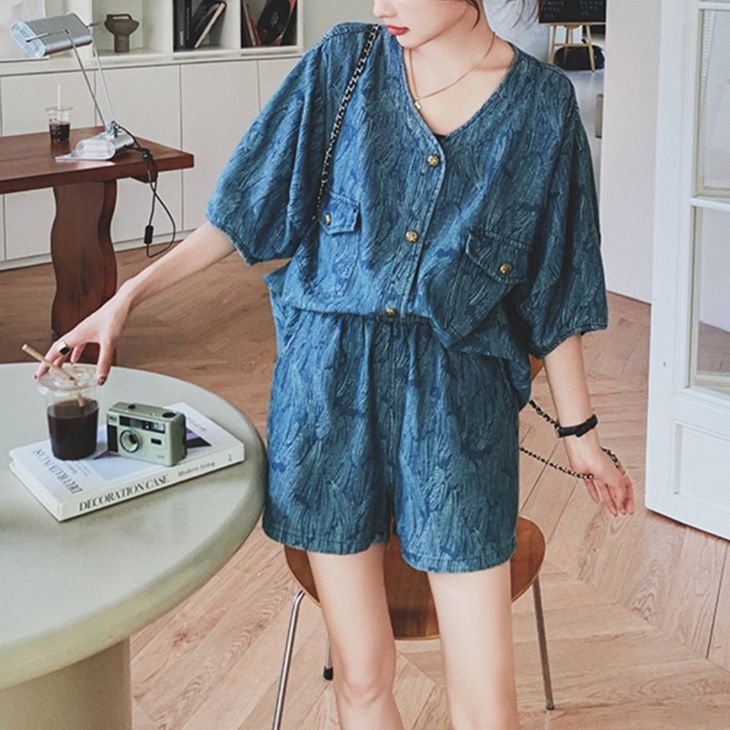 デニムセットアップ ゆったり五分袖ジージャン ショートパンツセット