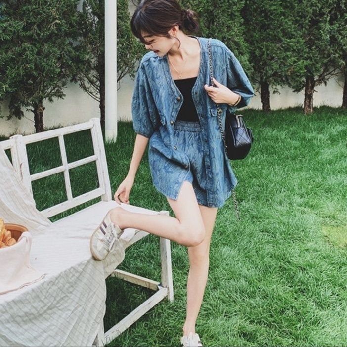 デニムセットアップ ゆったり五分袖ジージャン ショートパンツセット