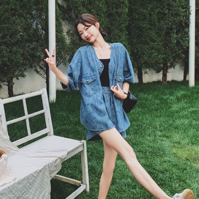 デニムセットアップ ゆったり五分袖ジージャン ショートパンツセット