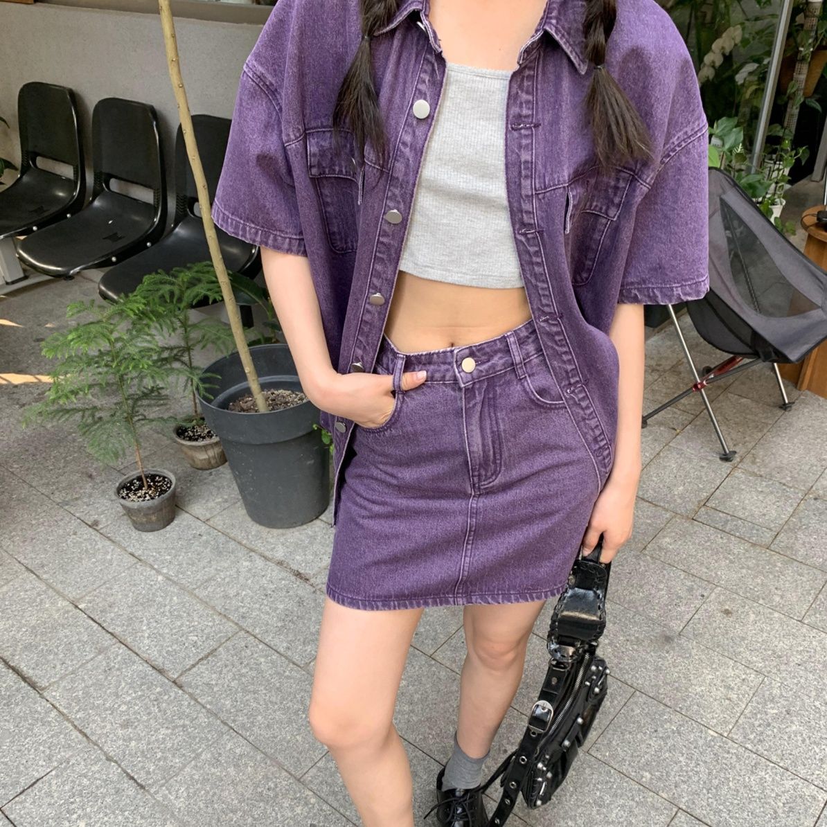 デニムセットアップ こなれ感デニムシャツスカートセット