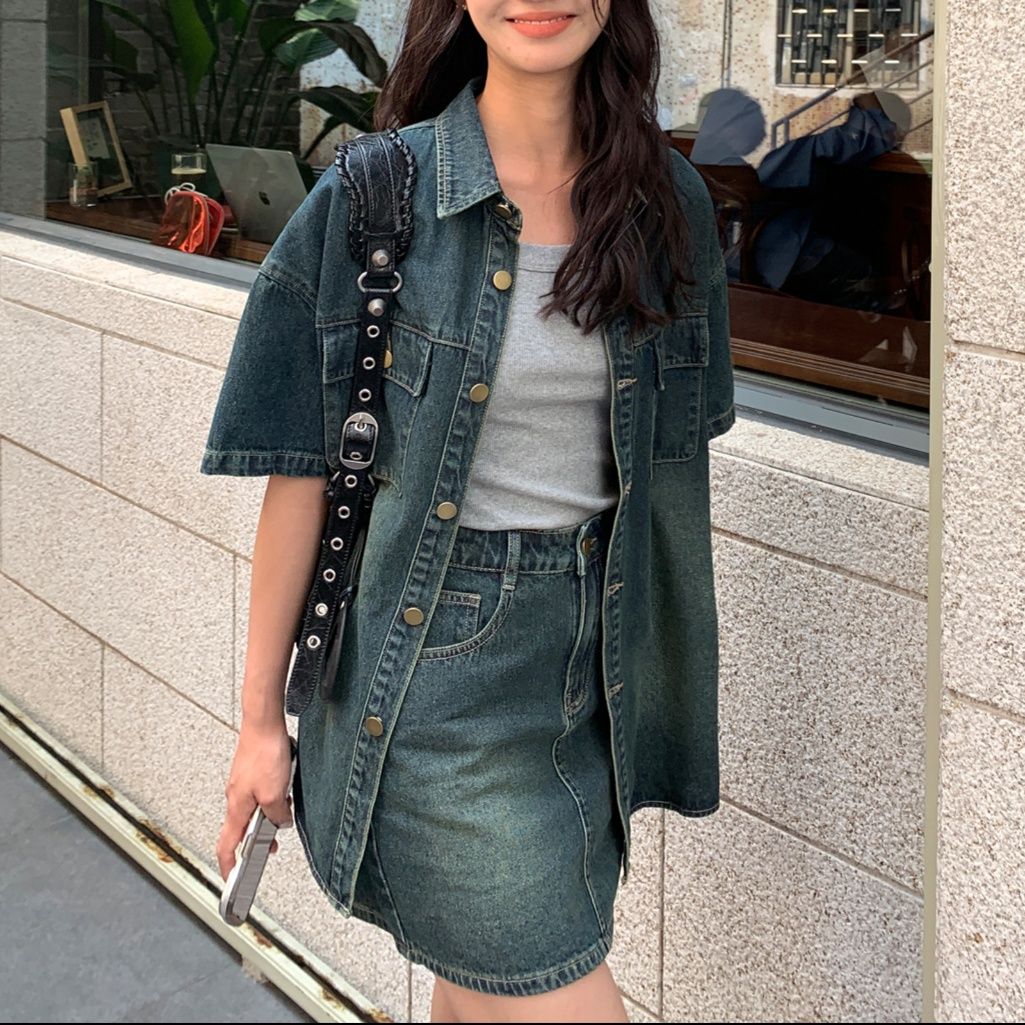 デニムセットアップ こなれ感デニムシャツスカートセット