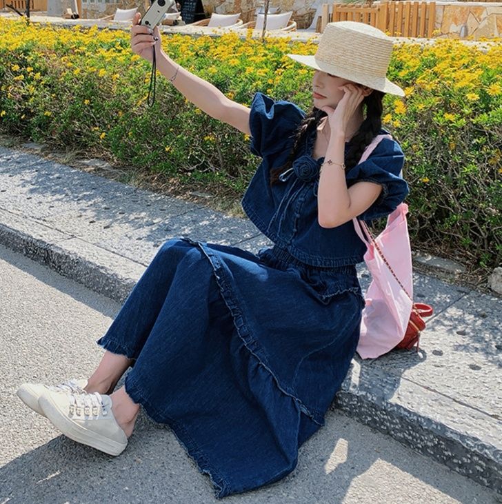 デニムセットアップ 花モチーフ飾り付きデニムセットアップ