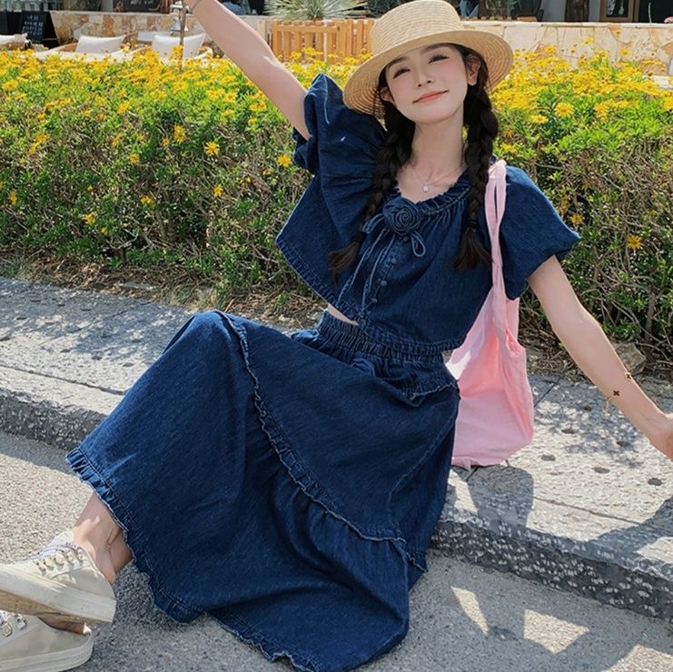 デニムセットアップ 花モチーフ飾り付きデニムセットアップ