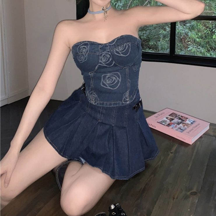 デニムセットアップ バラ刺繍デニムビスチェ プリーツスカートセット