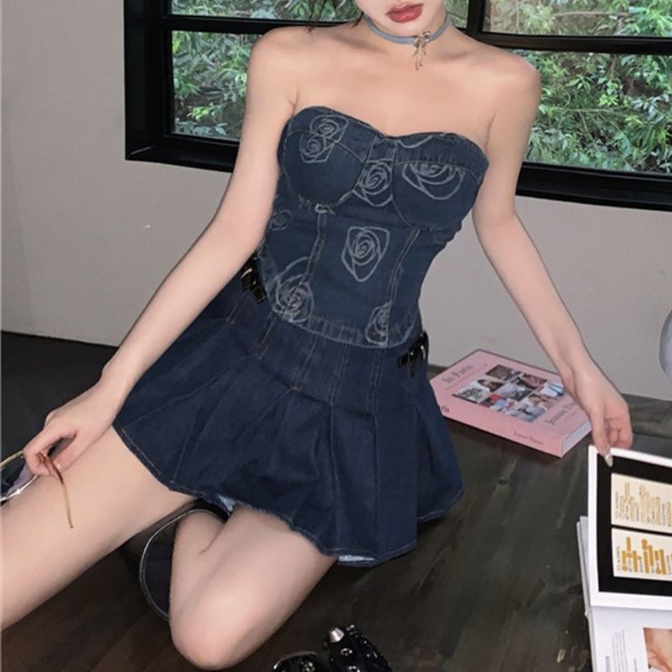 デニムセットアップ バラ刺繍デニムビスチェ プリーツスカートセット