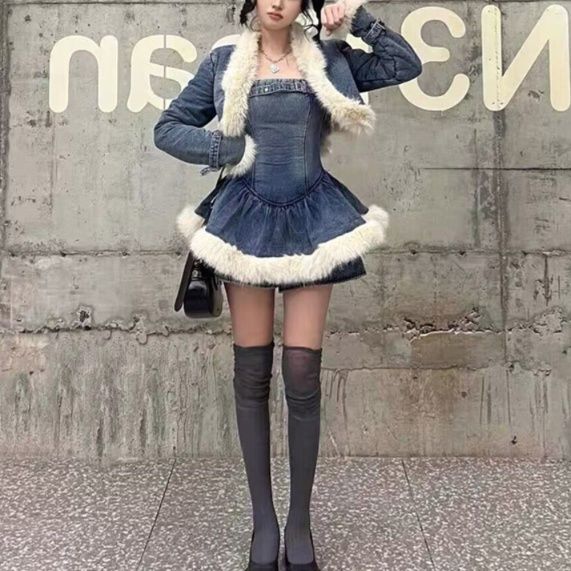 デニムセットアップ ファー付きデニムジャケットセット