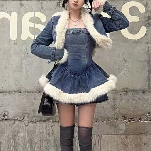 デニムセットアップ ファー付きデニムジャケットセット