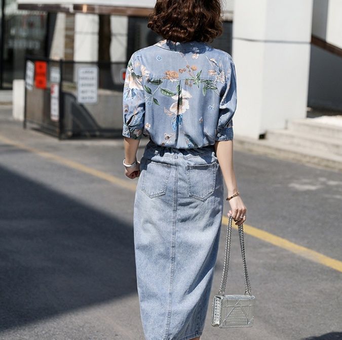 デニムセットアップ 花柄刺繍デニムジャケット＆ロングスカート二点セット