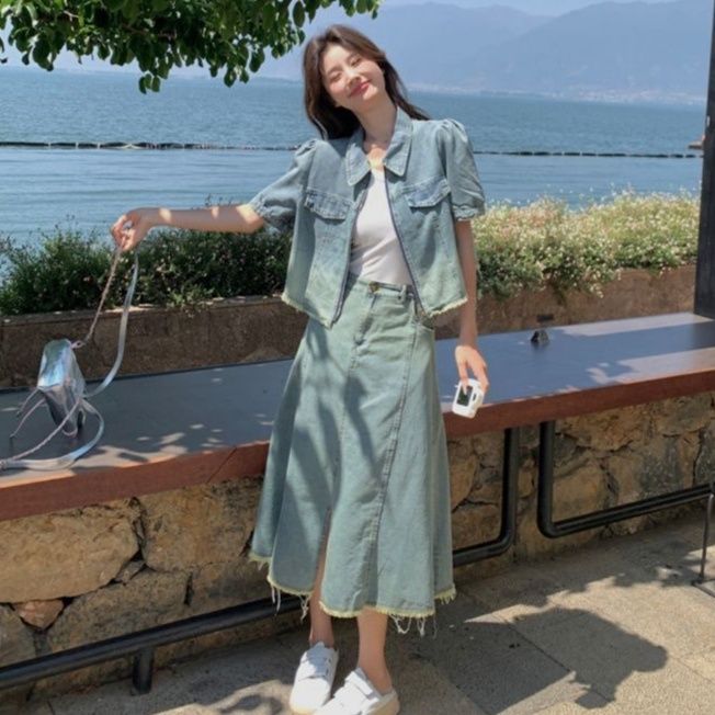 デニムセットアップ さわやか休日 半袖ジャケット 前スリット入りミディスカートセット
