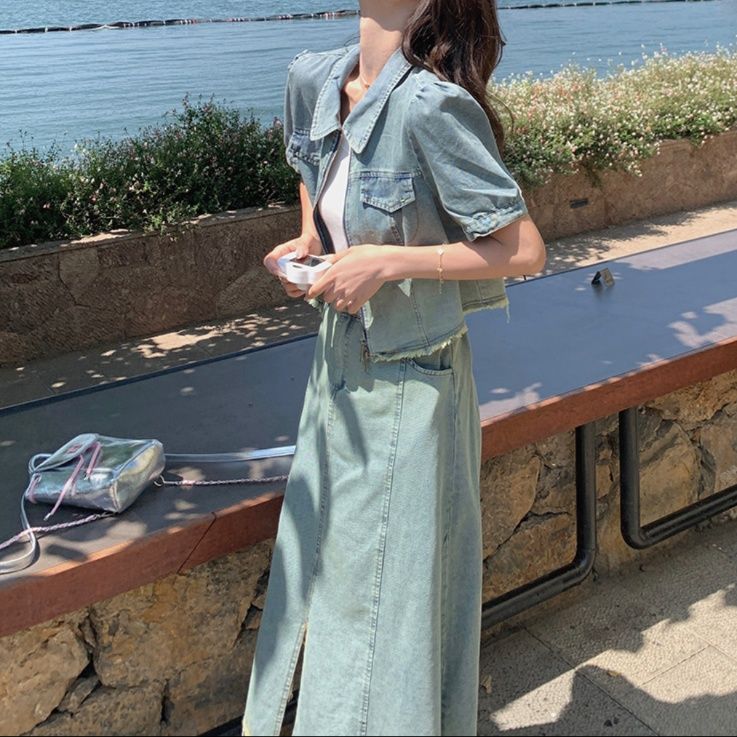 デニムセットアップ さわやか休日 半袖ジャケット 前スリット入りミディスカートセット