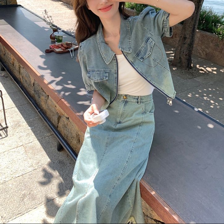 デニムセットアップ さわやか休日 半袖ジャケット 前スリット入りミディスカートセット