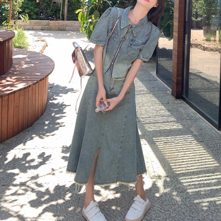 デニムセットアップ さわやか休日 半袖ジャケット 前スリット入りミディスカートセット