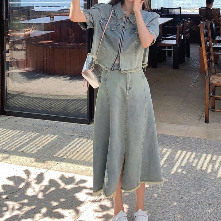 デニムセットアップ さわやか休日 半袖ジャケット 前スリット入りミディスカートセット