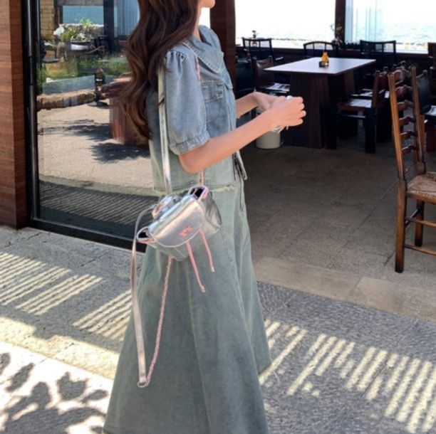 デニムセットアップ さわやか休日 半袖ジャケット 前スリット入りミディスカートセット