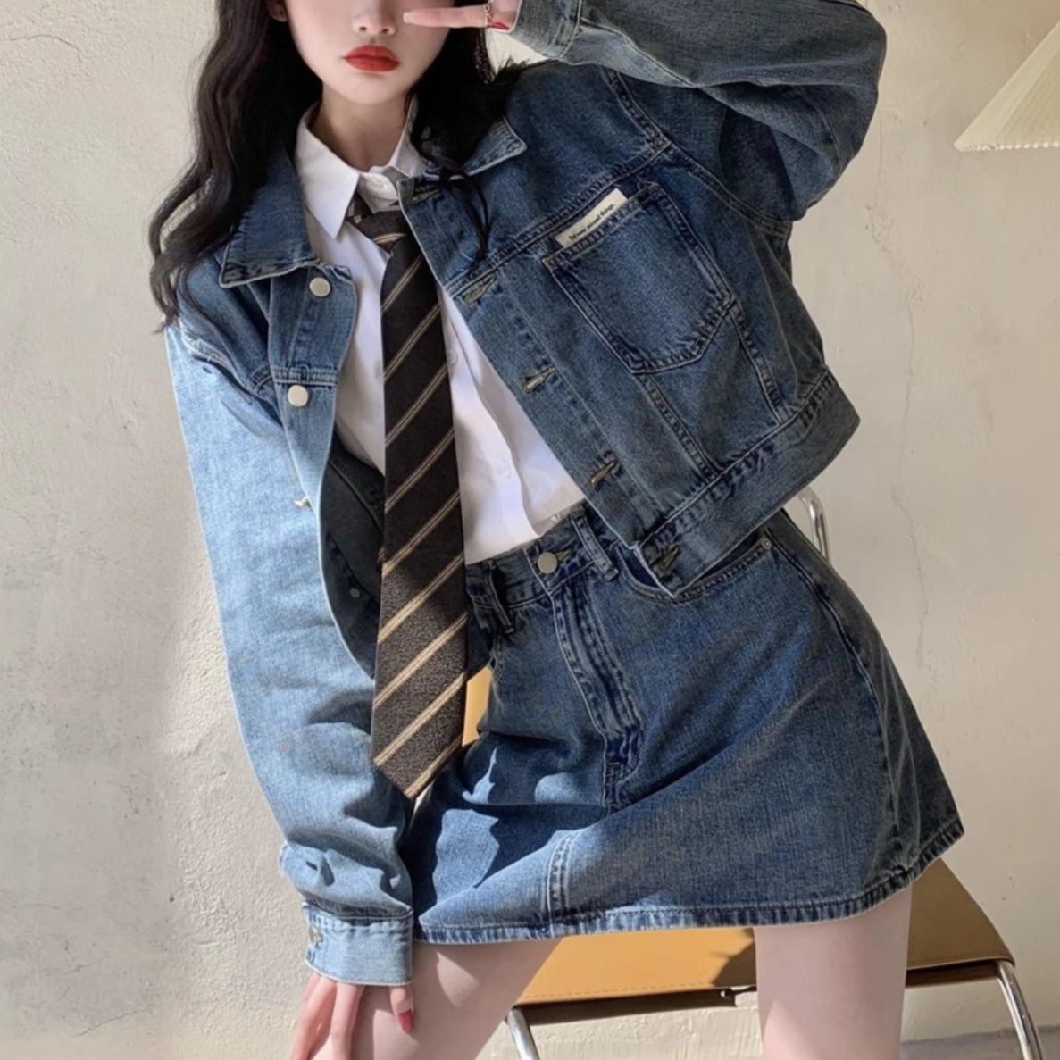 デニムセットアップ レトロ制服風デニムミニセット