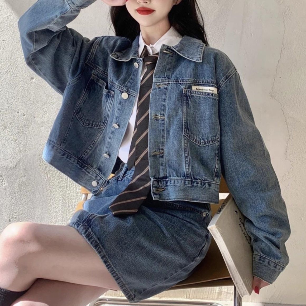 デニムセットアップ レトロ制服風デニムミニセット