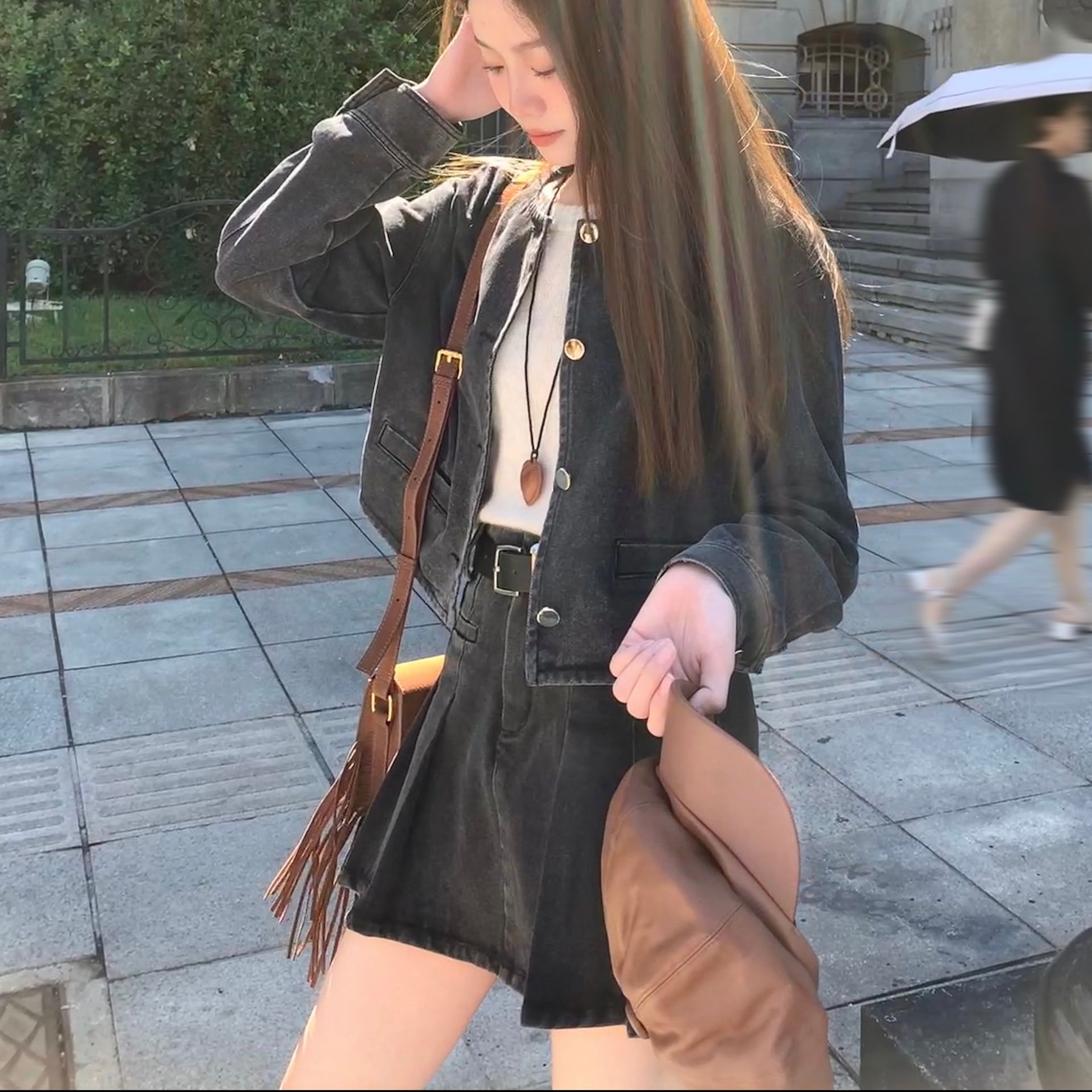 デニムセットアップ ノーカラージャケットスカートセット