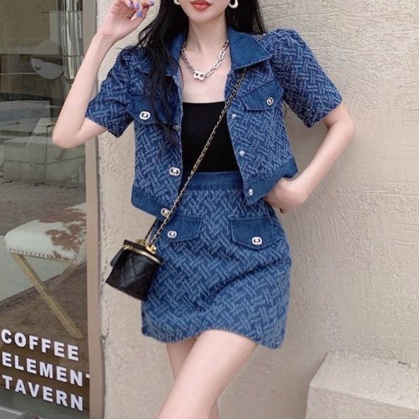 デニムセットアップ ツイード調デニムジャケット ミニスカートセット