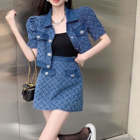 デニムセットアップ ツイード調デニムジャケット ミニスカートセット
