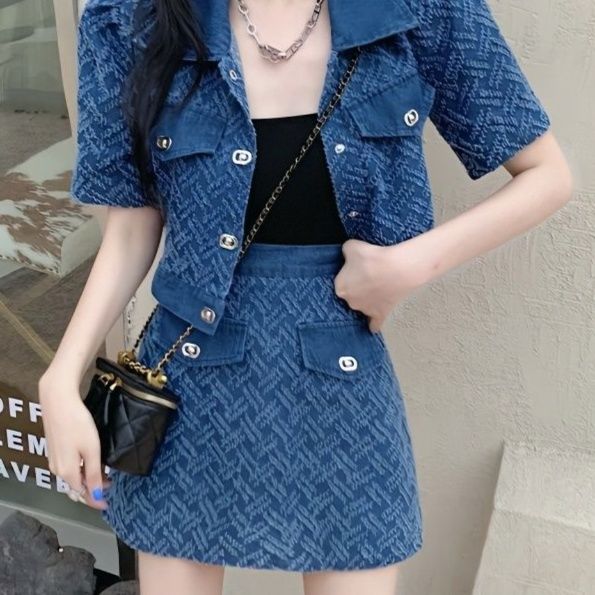 デニムセットアップ ツイード調デニムジャケット ミニスカートセット