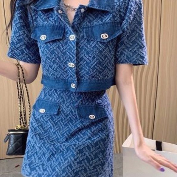 デニムセットアップ ツイード調デニムジャケット ミニスカートセット