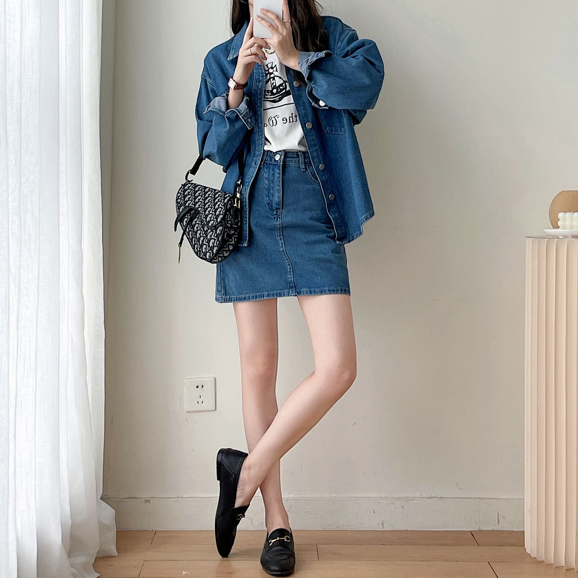デニムセットアップ ゆったりデニムシャツ×ミニスカートセットアップ