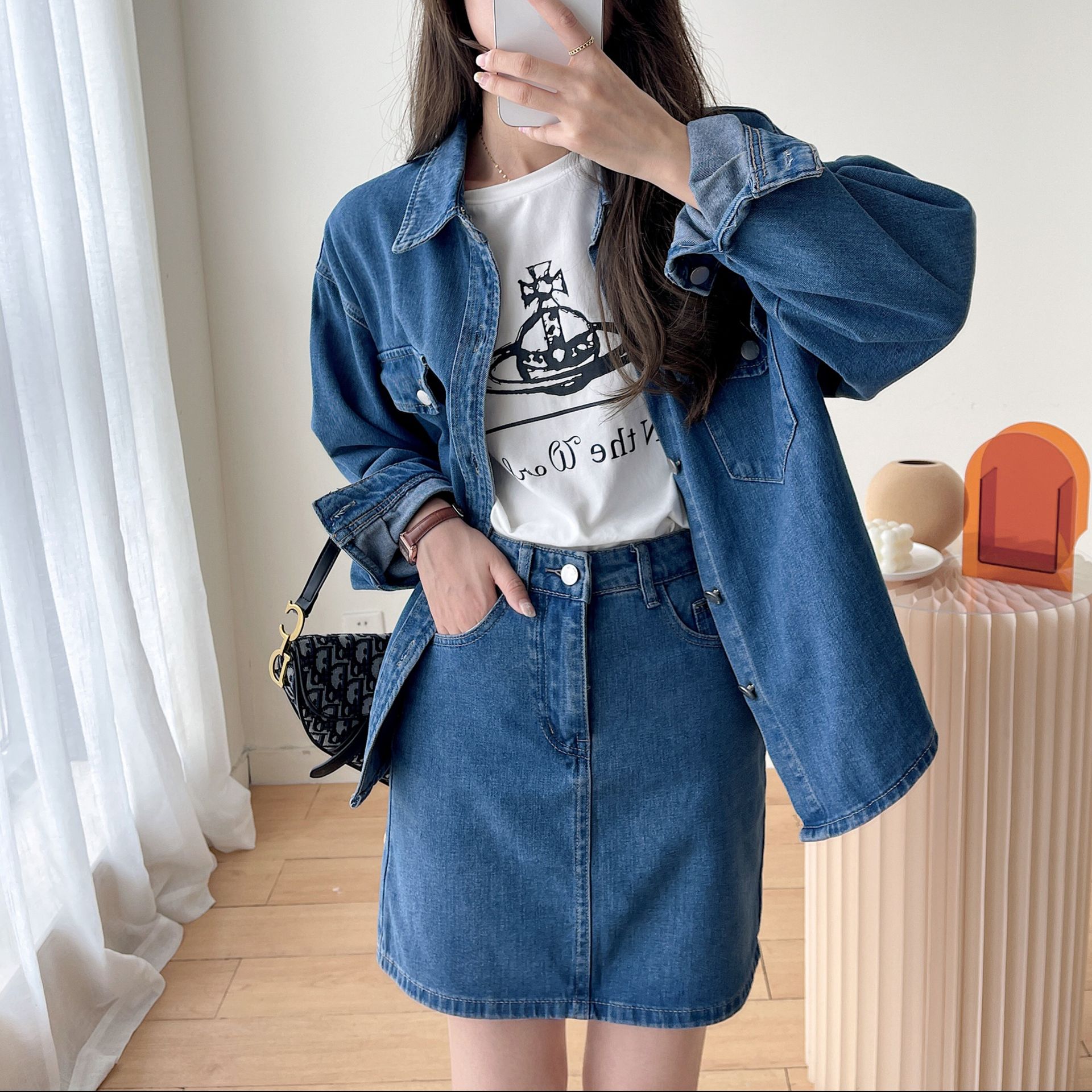 デニムセットアップ ゆったりデニムシャツ×ミニスカートセットアップ