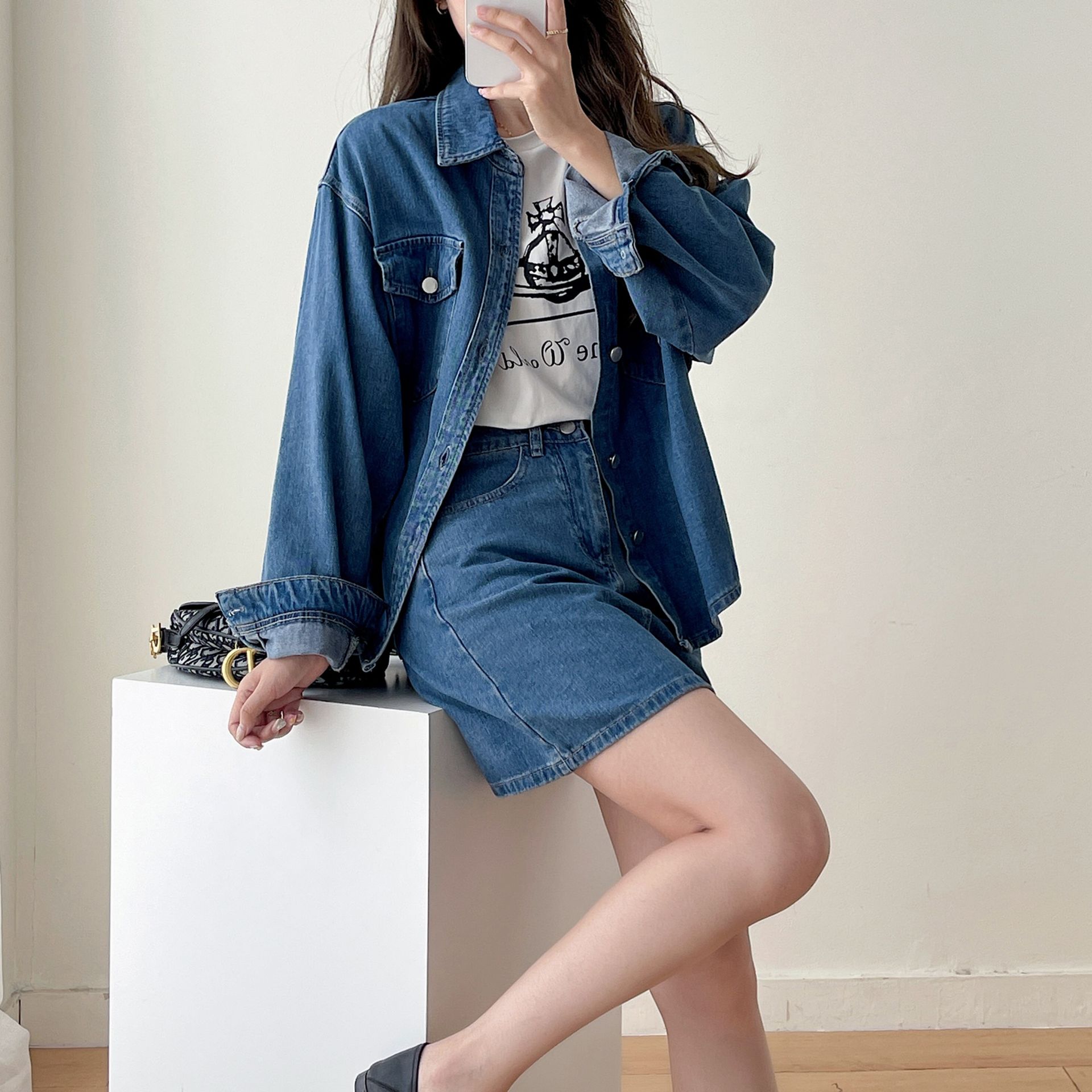 デニムセットアップ ゆったりデニムシャツ×ミニスカートセットアップ