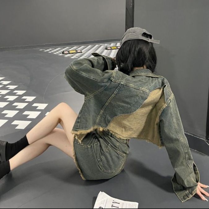 デニムセットアップ 裾フリンジ ジャケット×ミニスカート