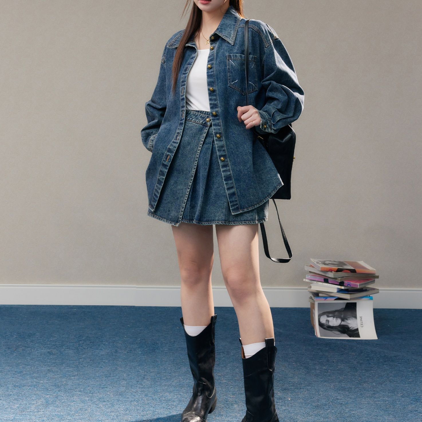 デニムセットアップ ゆったりシルエット プリーツスカートセット