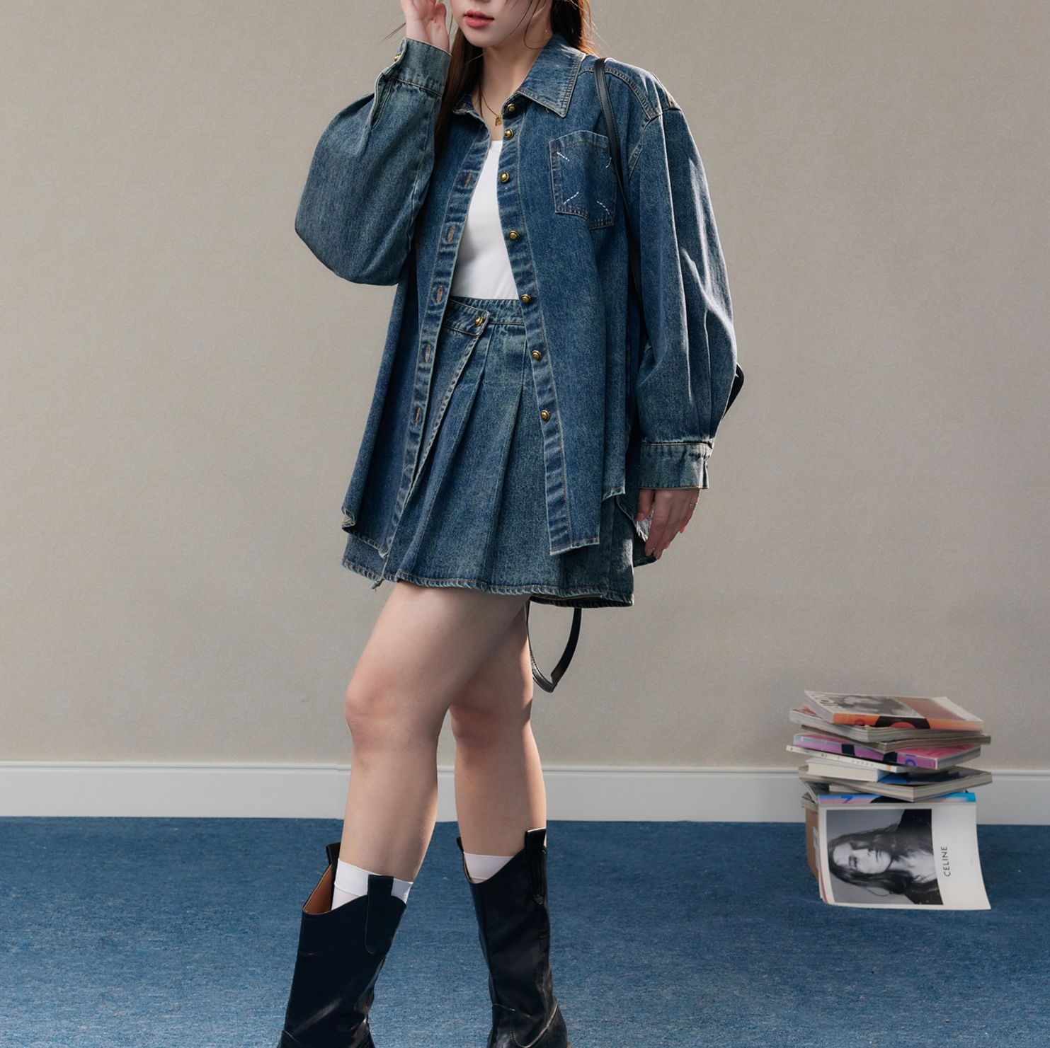 デニムセットアップ ゆったりシルエット プリーツスカートセット