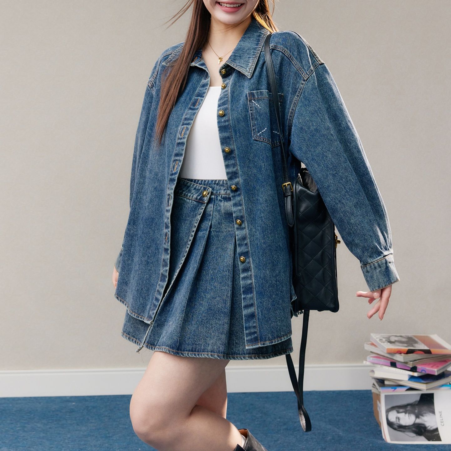 デニムセットアップ ゆったりシルエット プリーツスカートセット