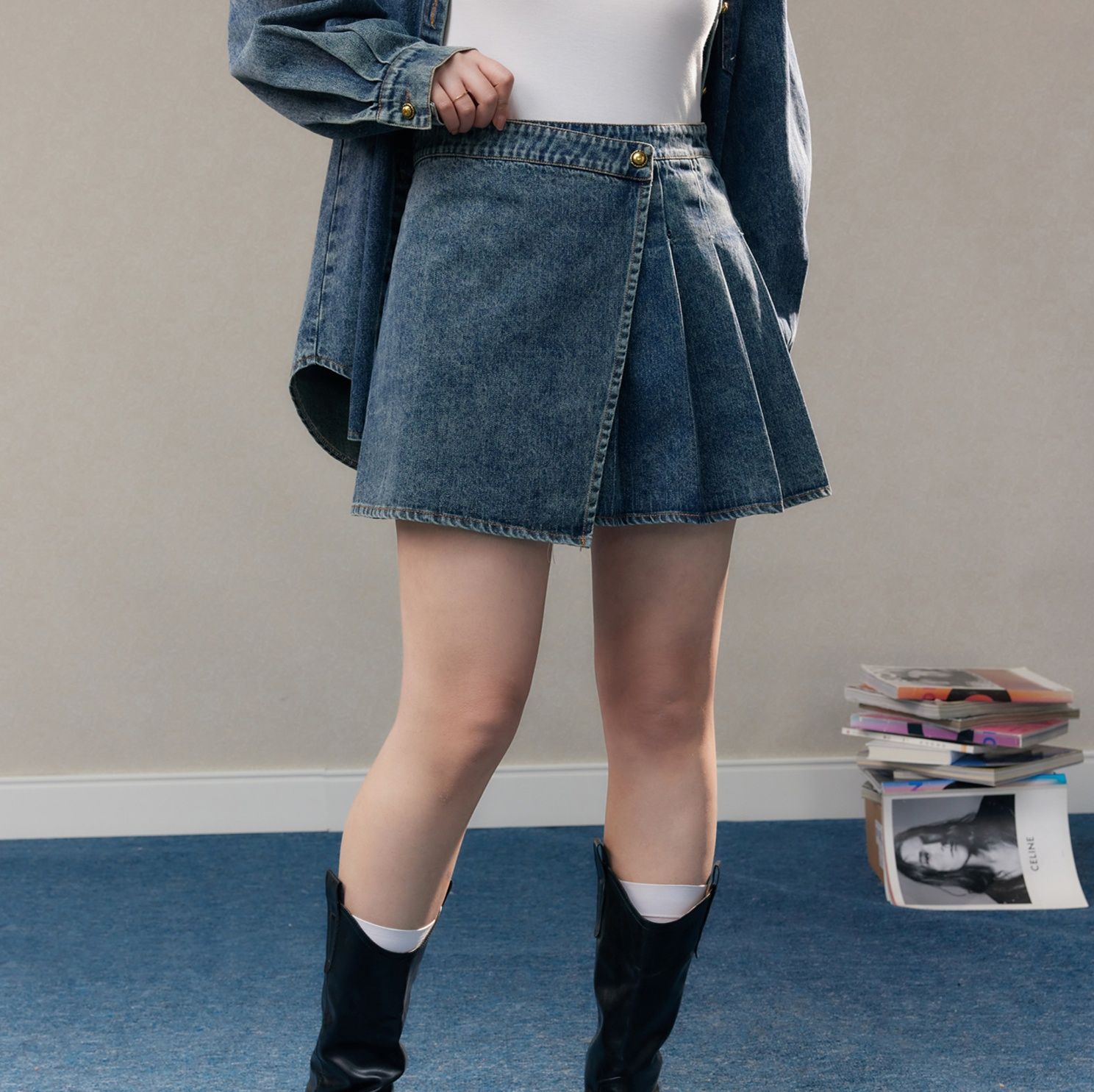 デニムセットアップ ゆったりシルエット プリーツスカートセット