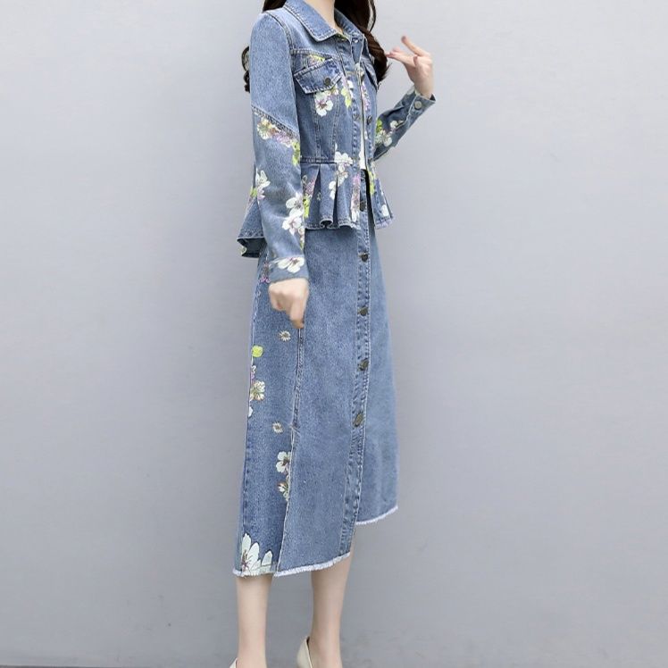 デニムセットアップ 花柄刺繍入りペプラムジャケット&ロングスカートセット