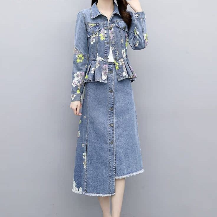 デニムセットアップ 花柄刺繍入りペプラムジャケット&ロングスカートセット