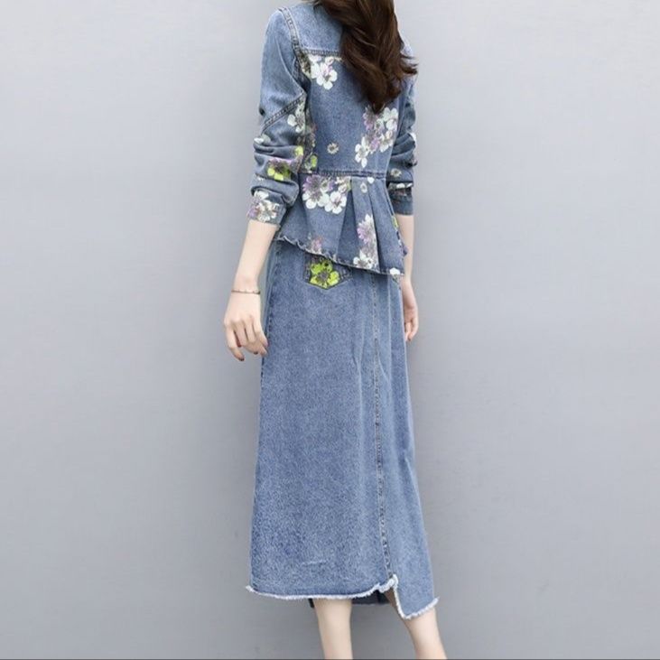 デニムセットアップ 花柄刺繍入りペプラムジャケット&ロングスカートセット