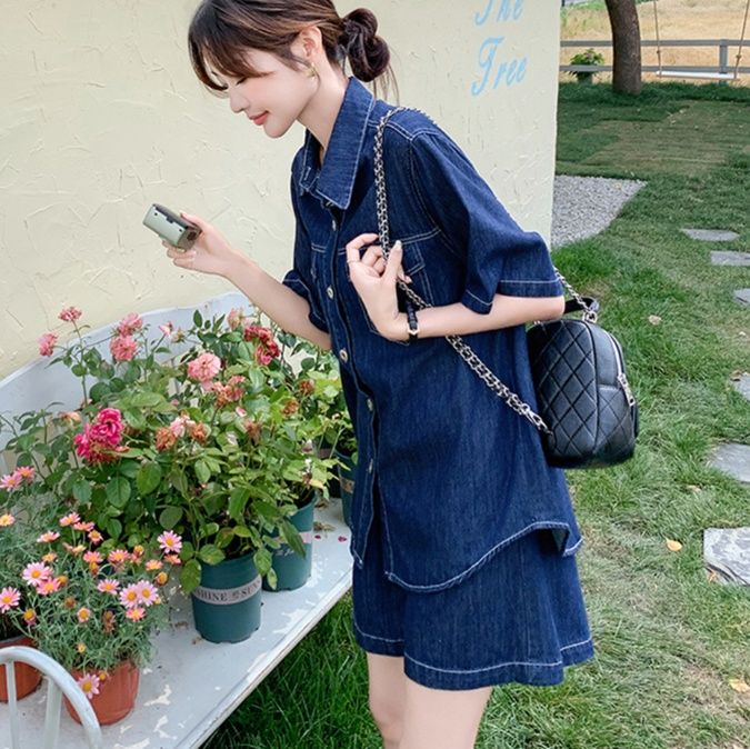 デニムセットアップ ゆったり半袖デニムセットアップ