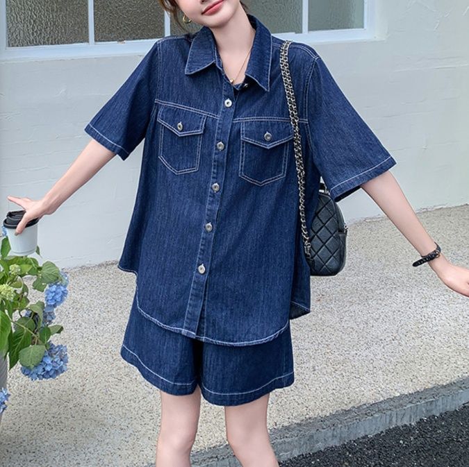 デニムセットアップ ゆったり半袖デニムセットアップ