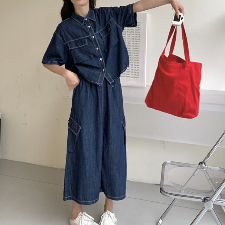 デニムセットアップ ゆったりポケット付きスカートセット