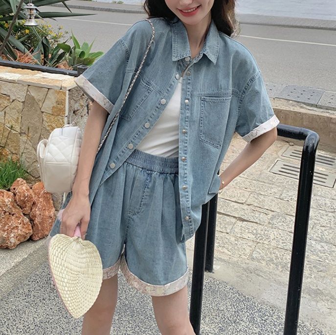 デニムセットアップ レース縁取りゆったりデニムセット